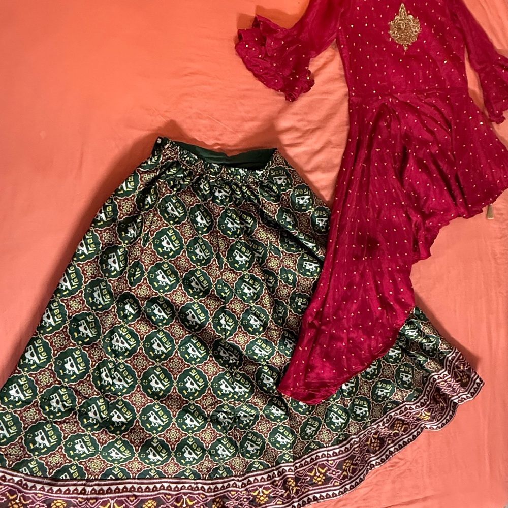Ethnic Indian Wear Pink and Green A-Line Dress